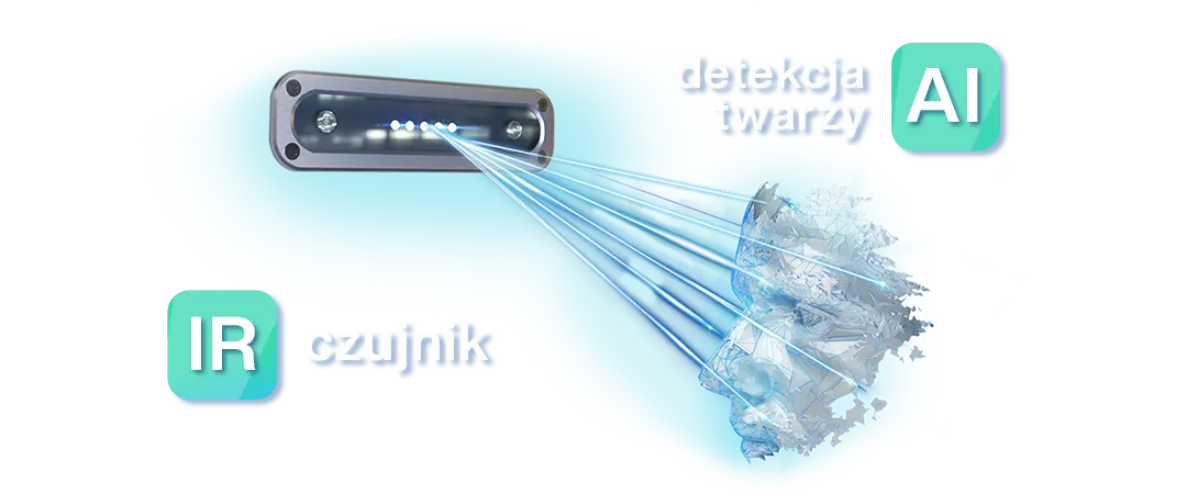 Ilustracja czujnika podczerwieni rzucająca wiązkę światła na wizerunek cyfrowej twarzy.