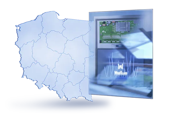 Mapa polski przedstawiona jako płaski kształt. Przed nią wisi w powietrzu lustro częściowo prześwitując i pokazując ekran i elektronikę inteligentnego nośnika reklamowego.
